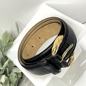 Liz Claiborne Black Leather Belt with Gold Buckle. Sz Lrg